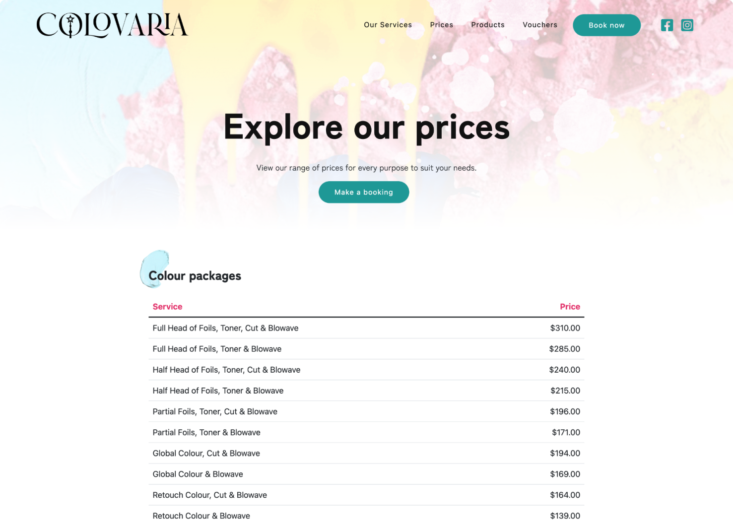 Colovaria pricing table